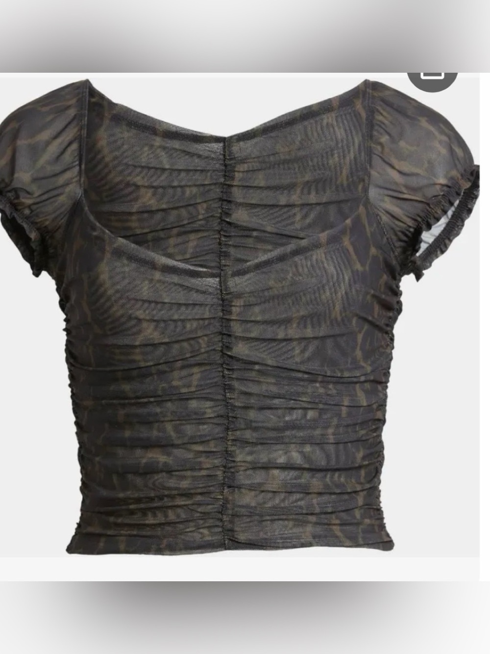 Open edit Ruched Sheer Short Sleeve Crop Top in Black and Brown